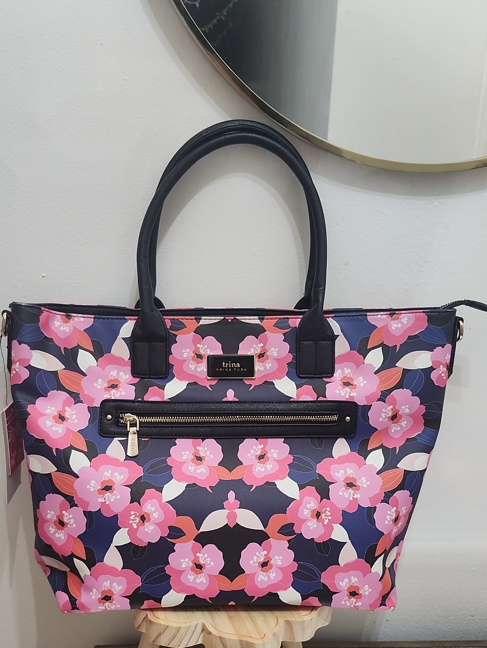 Trina Turk Pink Floral Tote with Navy Accents With Strap.